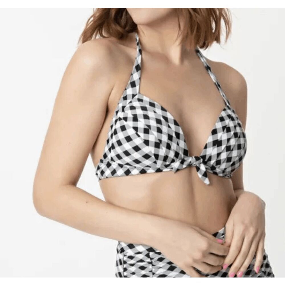 Unique Vintage Retro 50s Bikini Top | S | Black & White Gingham | Pin-Up Halter